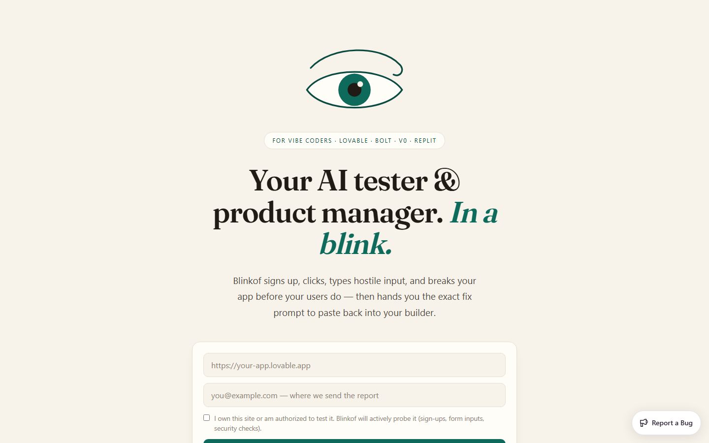 The blinkof.ai homepage — your AI tester and product manager, in a blink