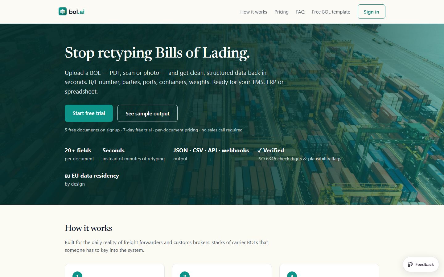 The bol.ai homepage — stop retyping Bills of Lading
