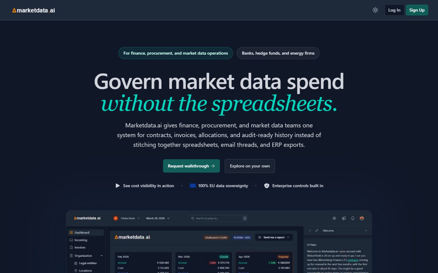 The marketdata.ai homepage — govern market data spend without the spreadsheets