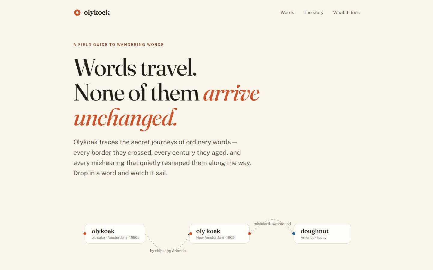 The olykoek.com homepage — words travel, none of them arrive unchanged