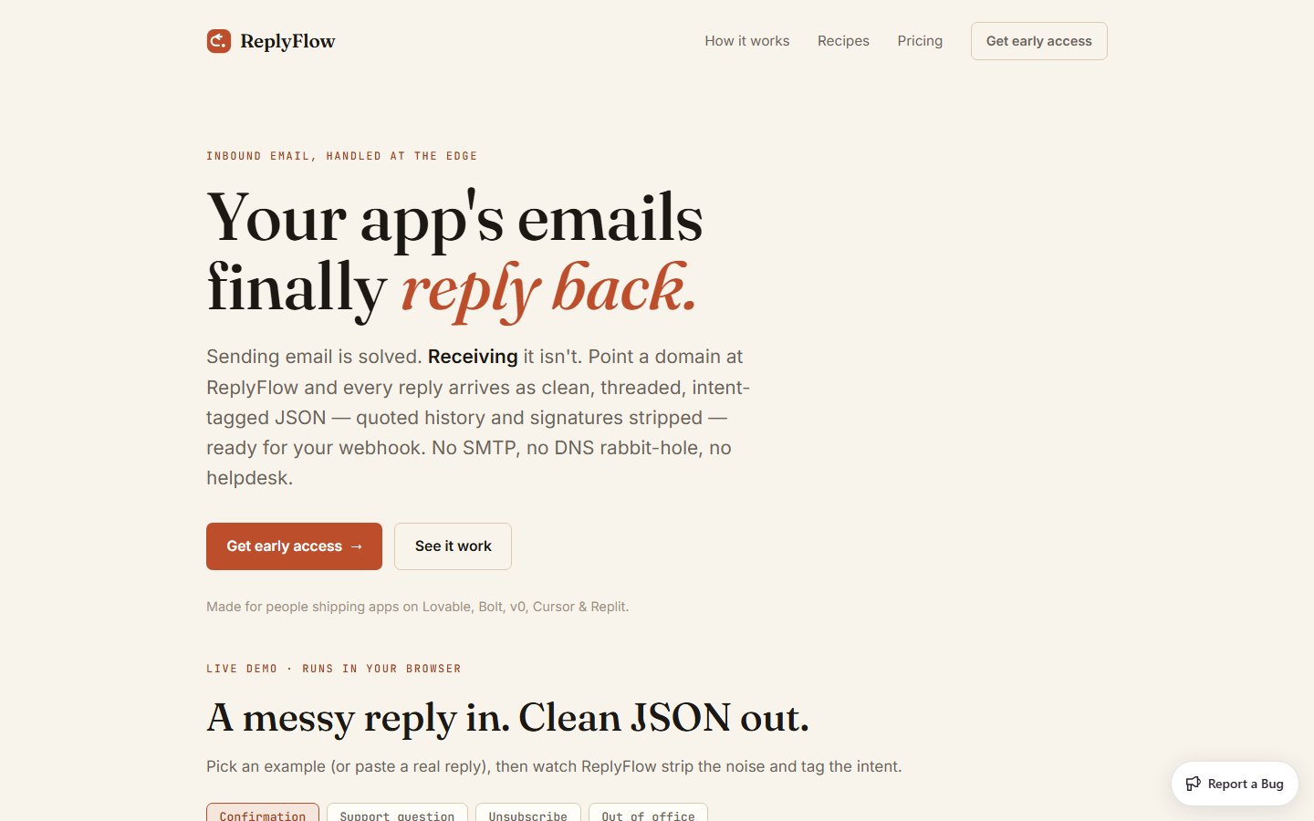 The replyflow.com homepage — a messy reply in, clean JSON out