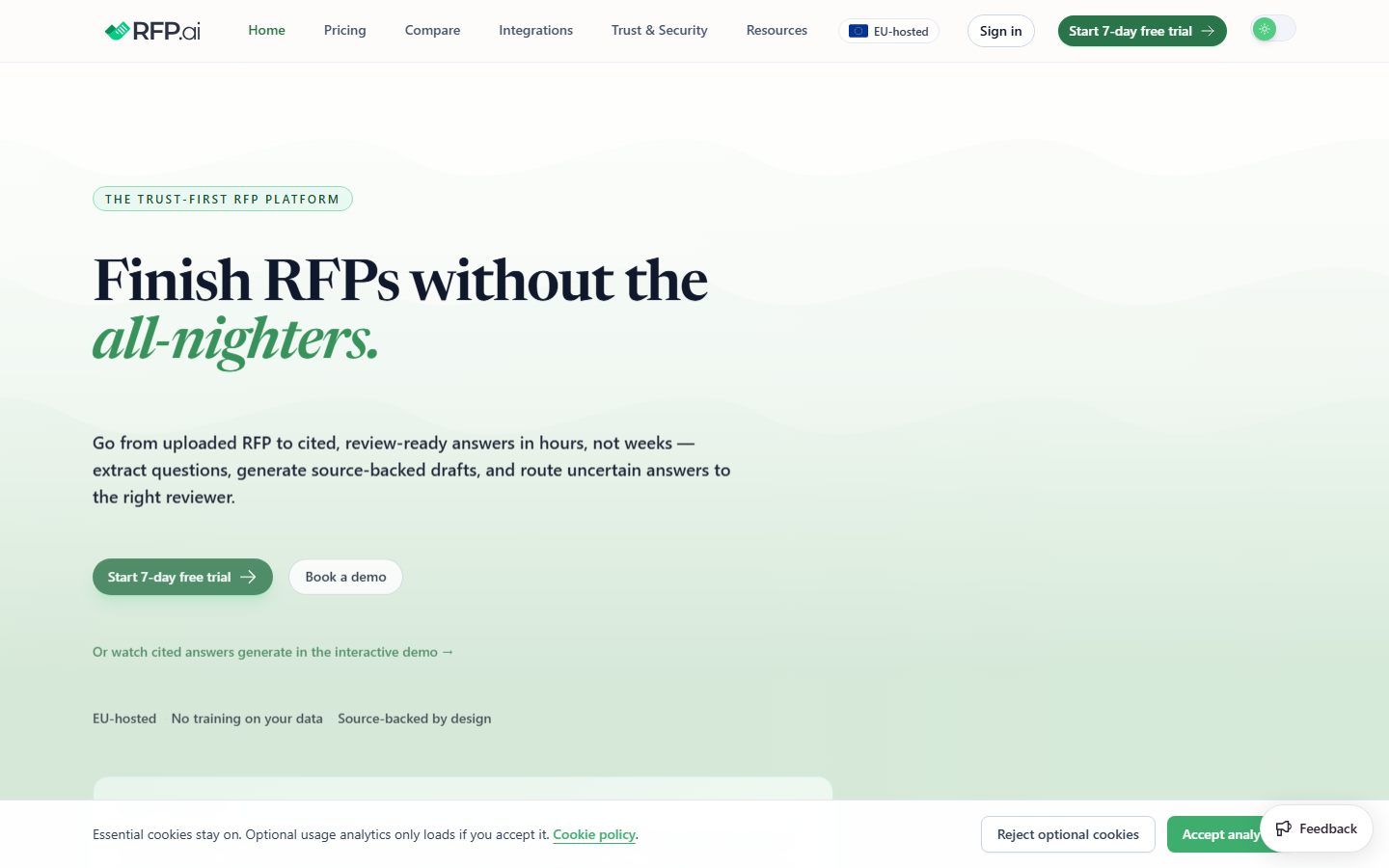 The rfp.ai homepage — finish RFPs without the all-nighters