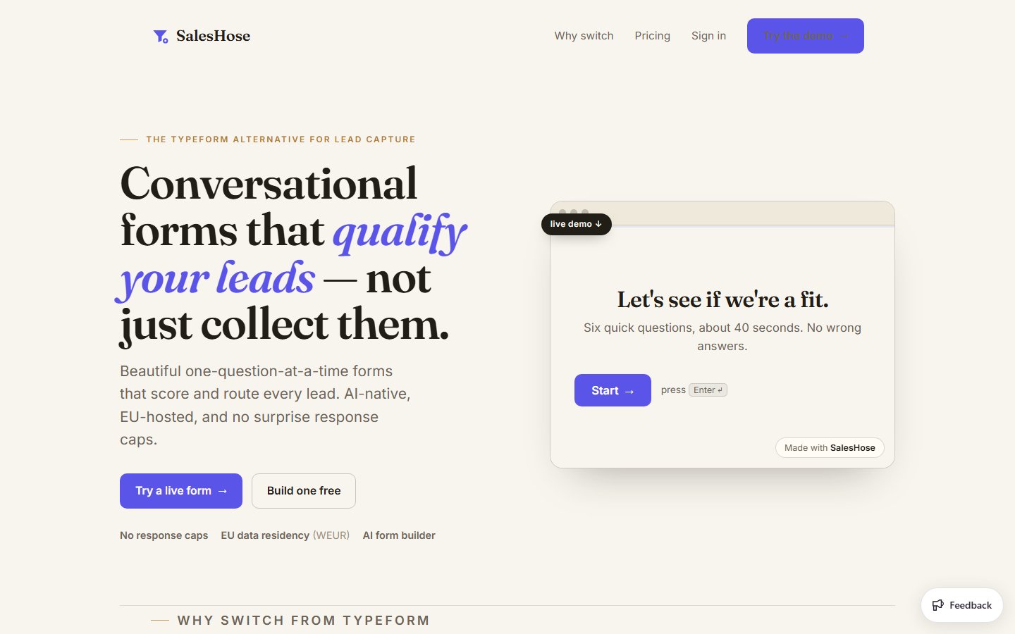 The saleshose.com homepage — conversational forms that qualify your leads