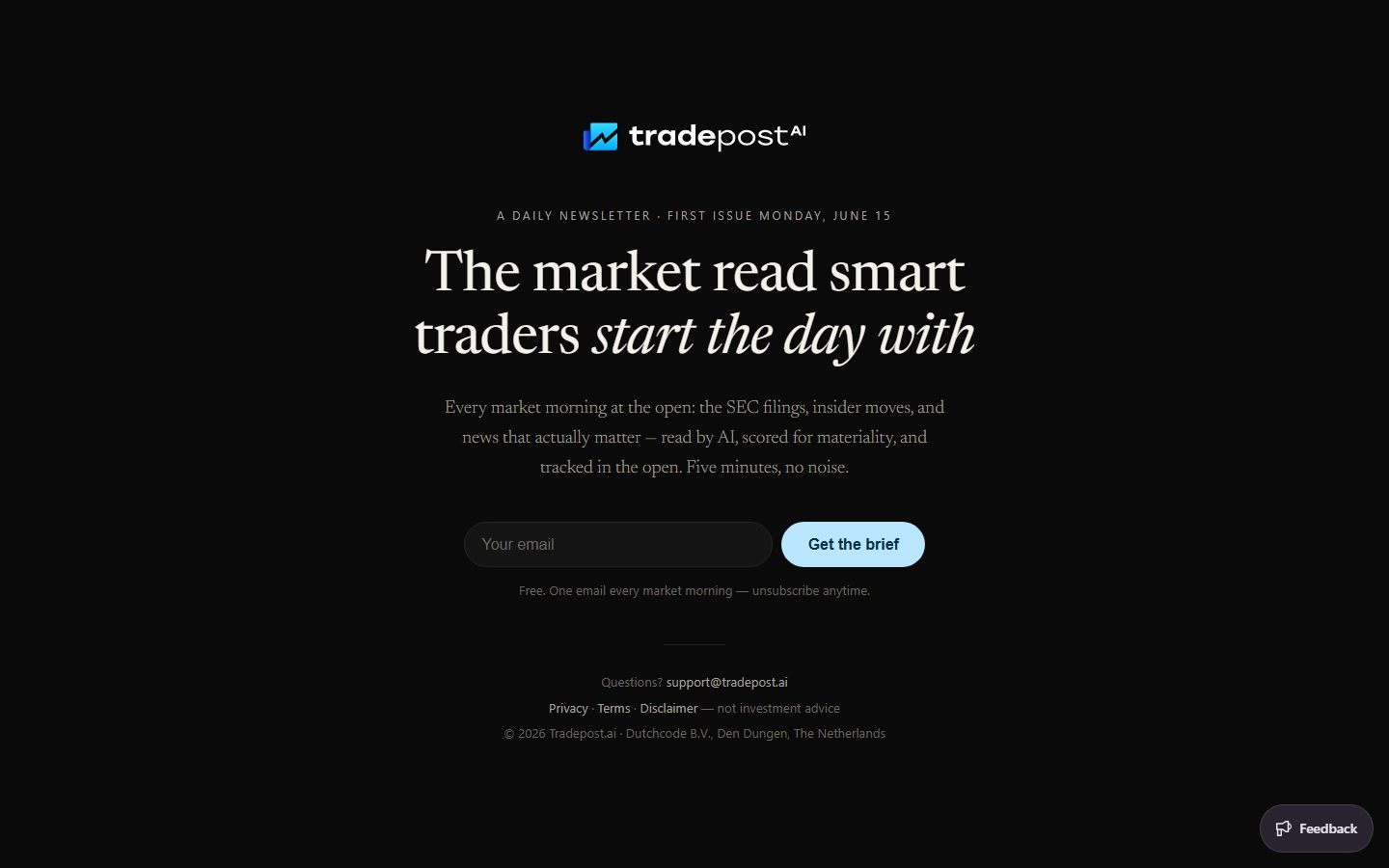 The tradepost.ai homepage — the market read smart traders start the day with