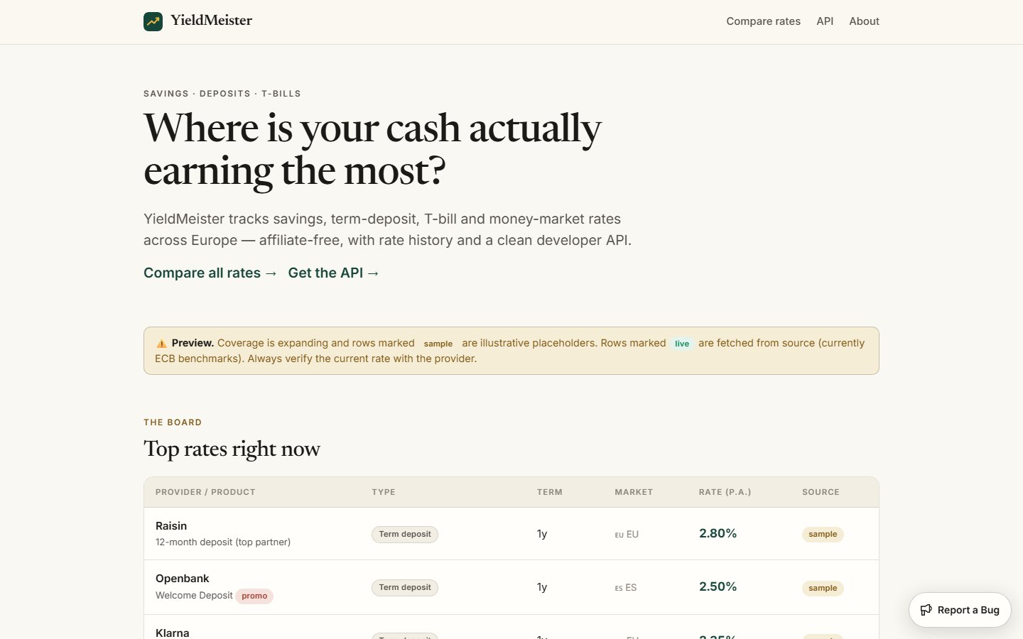 The yieldmeister.com homepage — top EU savings and deposit rates right now